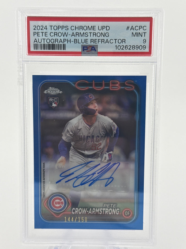 Pete Crow-Armstrong 2024 Topps Chrome Update Blue Refractor Rookie Auto, 144/150, PSA 9 Mint