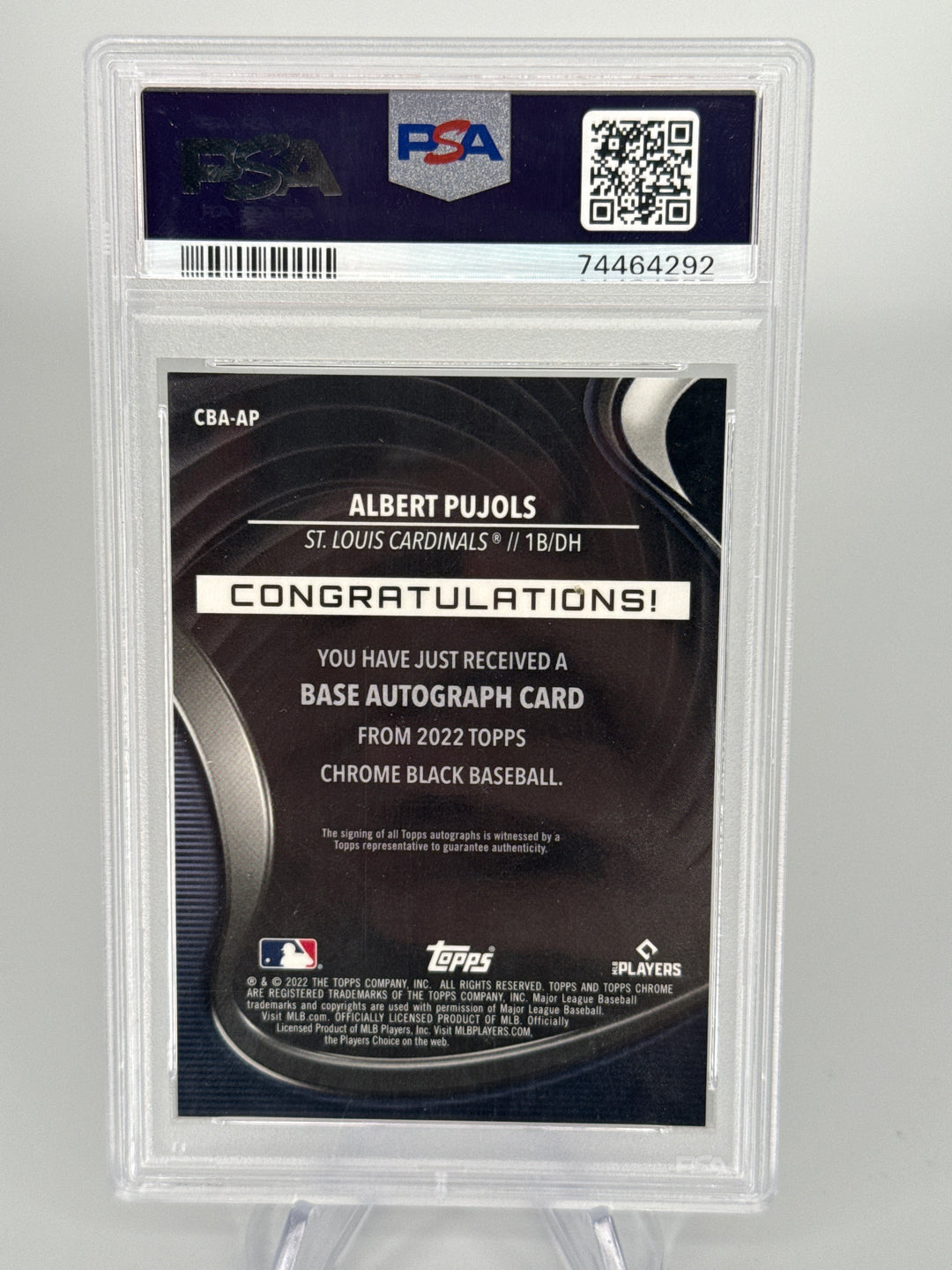 Albert Pujols 2022 Topps Chrome Black Auto, PSA 10 Gem Mint