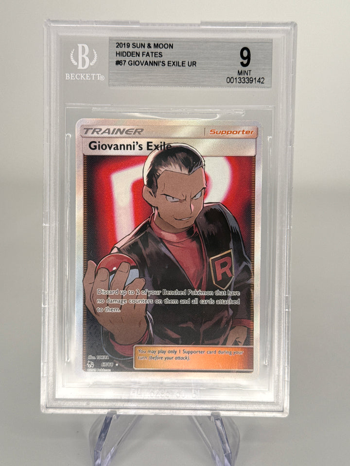 Pokemon TCG 2019 Giovanni's Exile Sun & Moon Hidden Fates Full Art Trainer, 67/68, BGS 9 Mint
