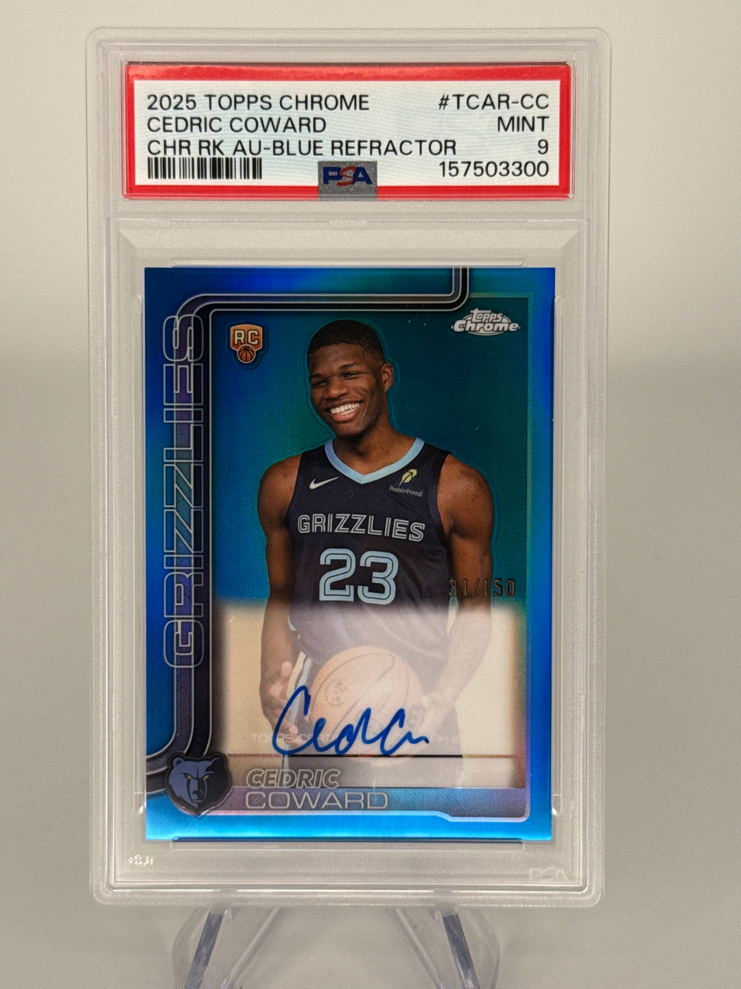 Cedric Coward 2025 Topps Chrome Blue Refractor Rookie Auto, 31/150, PSA 9 Mint