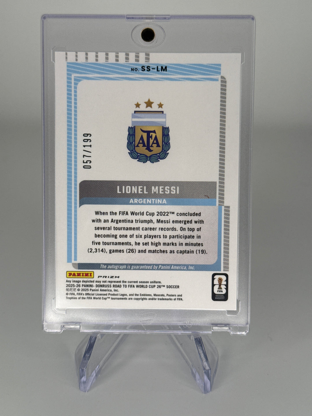 Lionel Messi 2026 Panini Donruss Road to Fifa World Cup Blue Prizm Auto, 057/199