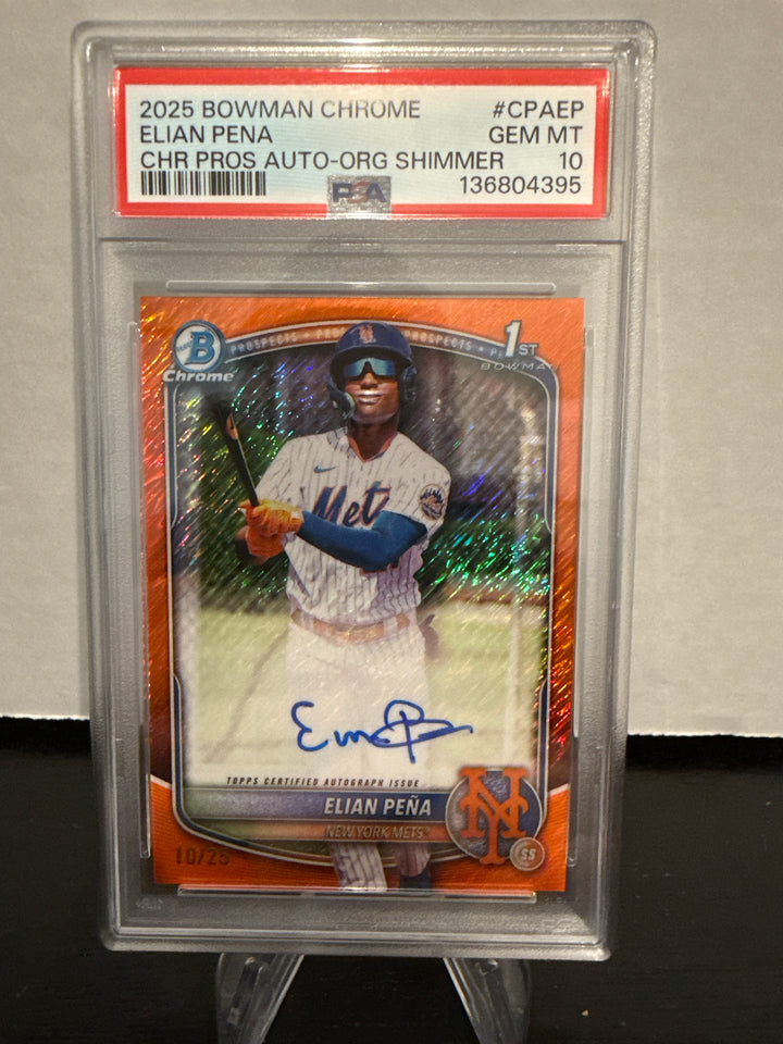 Elian Pena 2025 Bowman Chrome Orange Shimmer 1st Auto, 10/25, PSA 10 Gem Mint