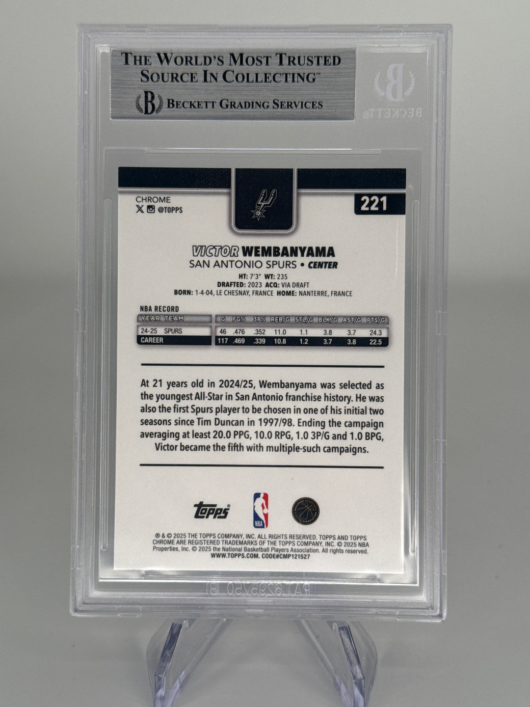Victor Wembanyama 2025 Topps Chrome Yellow Basketball Refractor, 274/275, BGS 9 Mint