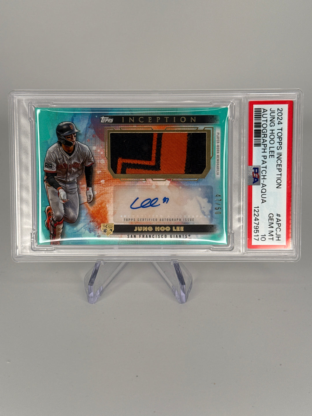 Jung Hoo Lee 2024 Topps Inception Rookie Patch Auto Aqua, 47/50, PSA 10 Gem Mint