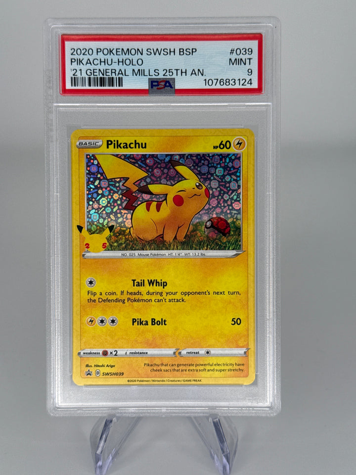 Pokemon TCG 2020 Pikachu Holo 2021 General Mills 25th Anniversary Black Star Promo, SWSH039, PSA 9 Mint
