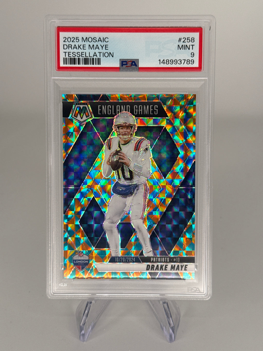Drake Maye 2025 Panini Mosaic Tessellation Refractor, 12/15, PSA 9 Mint