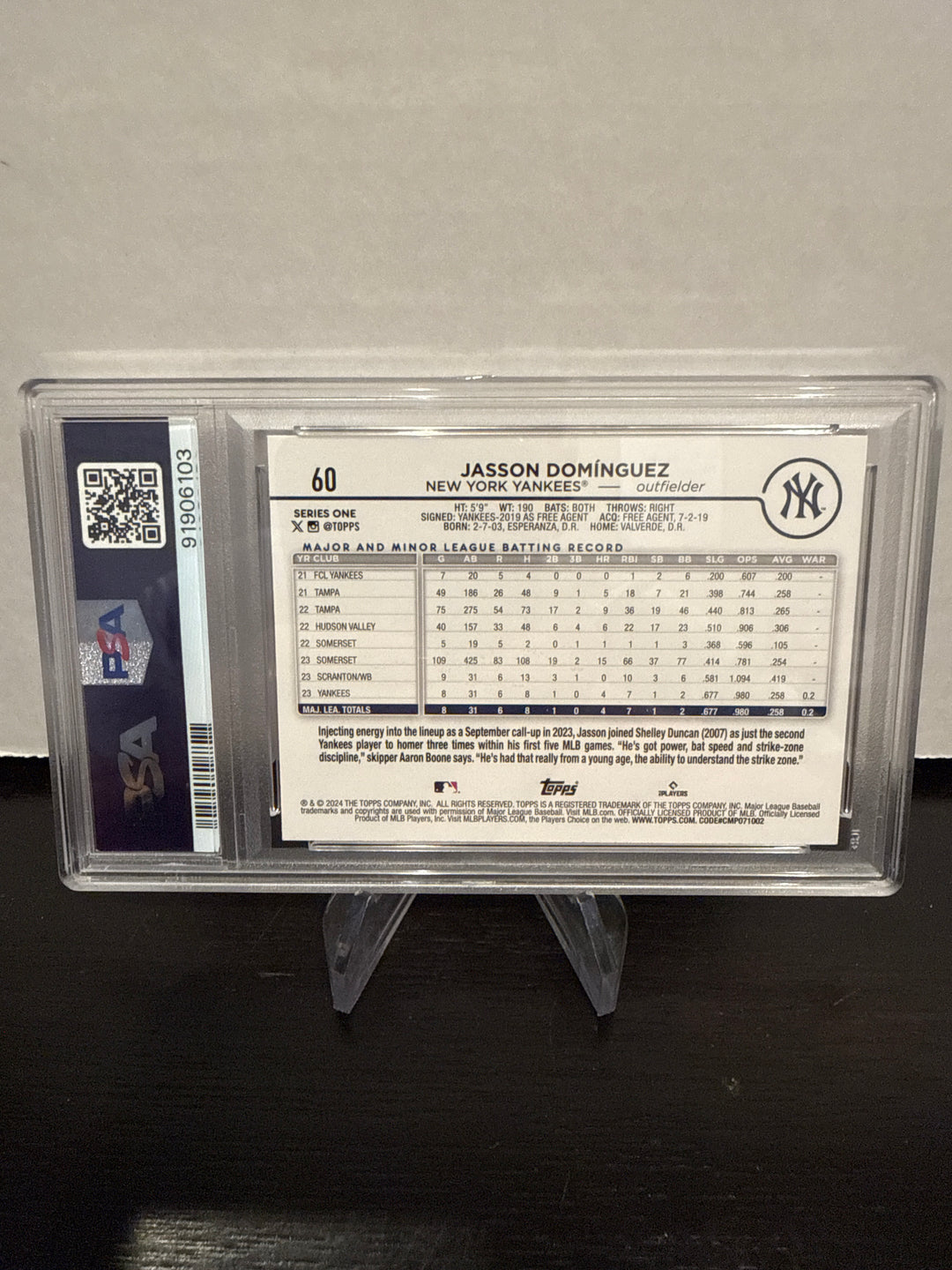 Jasson Dominguez 2024 Topps Series One Royal Blue Rookie, PSA 10 Gem Mint