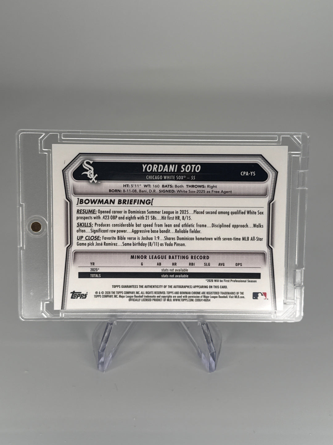 Yordani Soto 2026 Bowman Chrome Blue Reptillian 1st Auto, 043/150