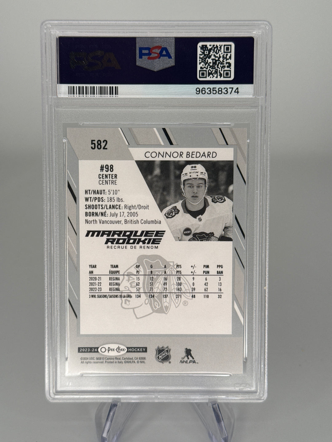 Connor Bedard 2023 Upper Deck O-Pee-Chee Marquee Rookie, PSA 10 Gem Mint