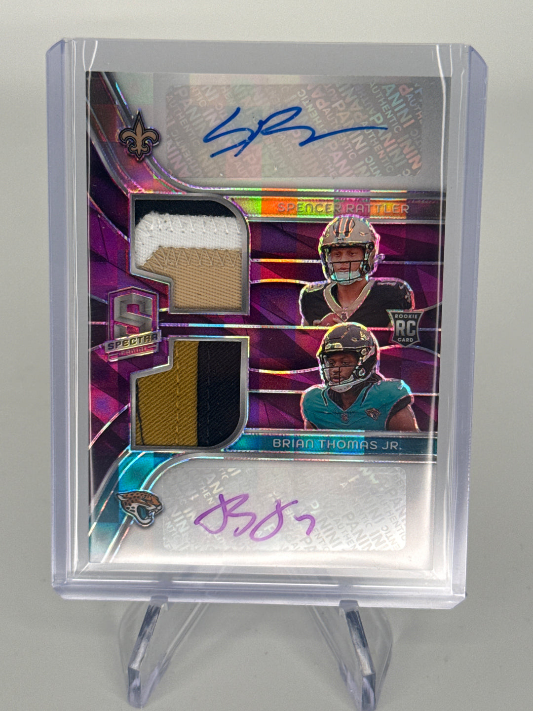 Spencer Rattler/Brian Thomas Jr 2024 Panini Spectra Dual Rookie Patch Auto, Purple, 22/30