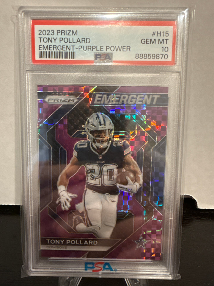 Tony Pollard 2023 Panini Prizm Emergent Purple Power, 24/49, PSA 10 Gem Mint