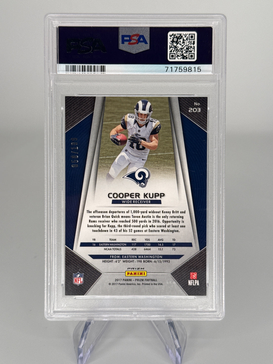 Cooper Kupp 2017 Panini Prizm Light Blue Prizm Rookie, 058/199, PSA 9 Mint