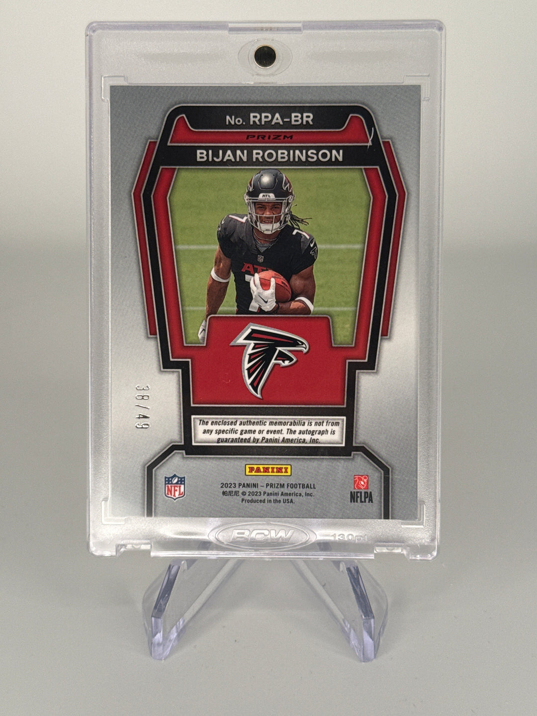 Bijan Robinson 2023 Panini Prizm Purple Pulsar Rookie Patch Auto, 38/49