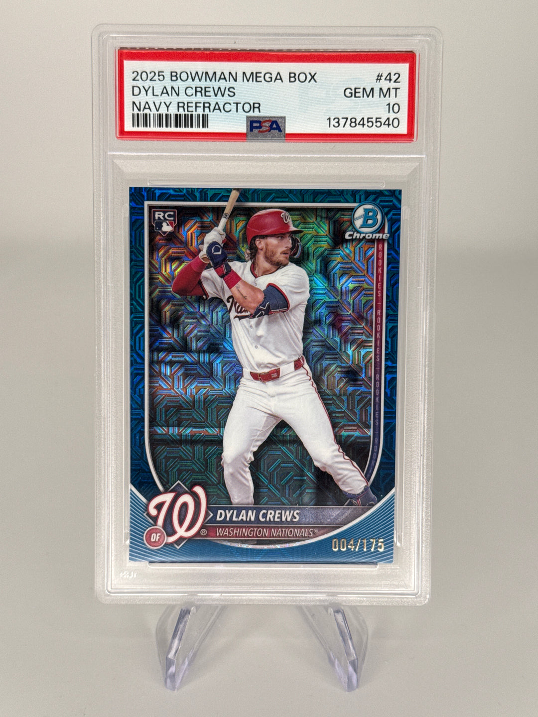 Dylan Crews 2025 Bowman Chrome Mega Box Navy Refractor Rookie, 004/175, PSA 10 Gem Mint