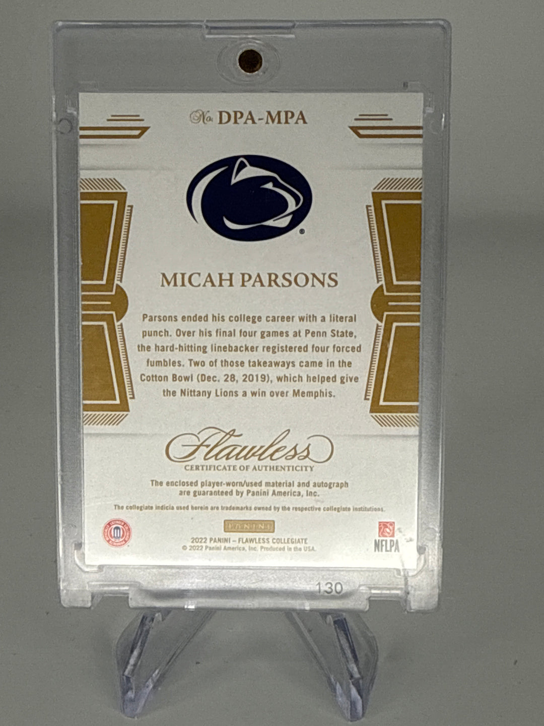 Micah Parsons 2022 Panini Flawless Collegiate Bowl Patch Auto Gold, 08/10