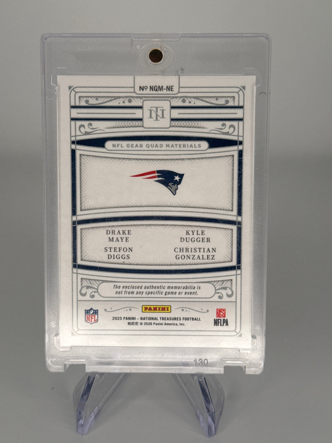 Drake Maye/Stefon Diggs/Kyle Dugger/Christian Gonzalez 2025 Panini National Treasures NFL Gear Quad Materials, 67/99