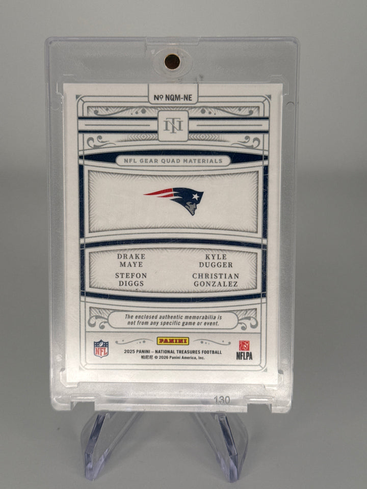 Drake Maye/Stefon Diggs/Kyle Dugger/Christian Gonzalez 2025 Panini National Treasures NFL Gear Quad Materials, 67/99