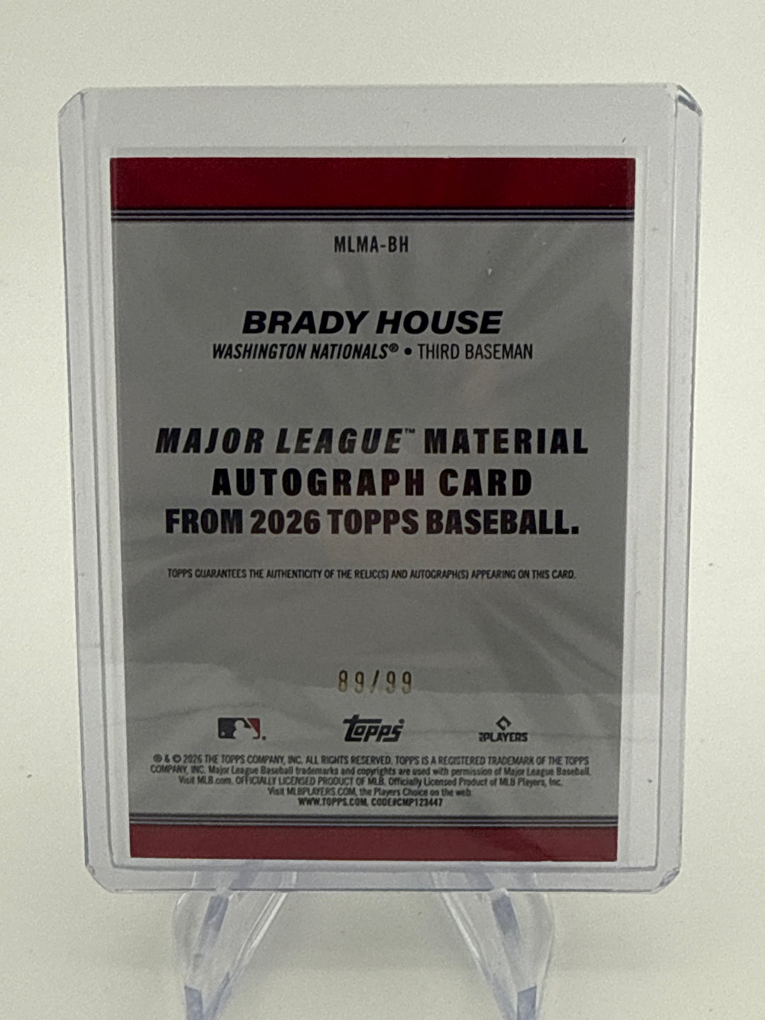 Brady House 2026 Topps Major League Material Auto Relic, 89/99