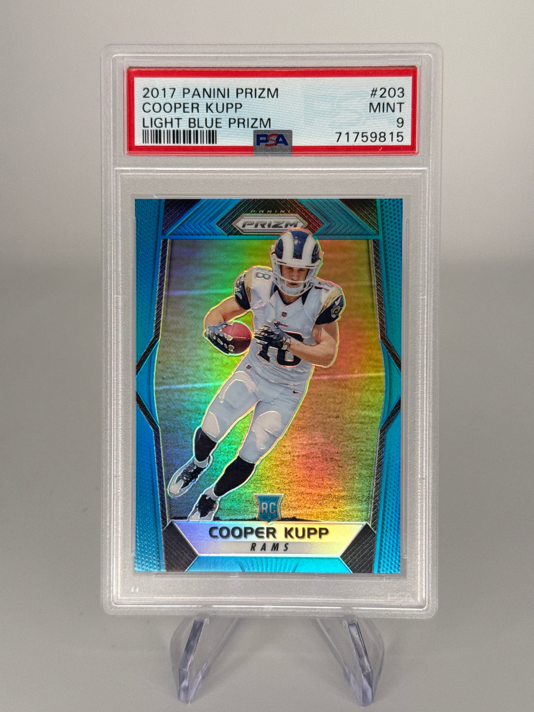 Cooper Kupp 2017 Panini Prizm Light Blue Prizm Rookie, 058/199, PSA 9 Mint