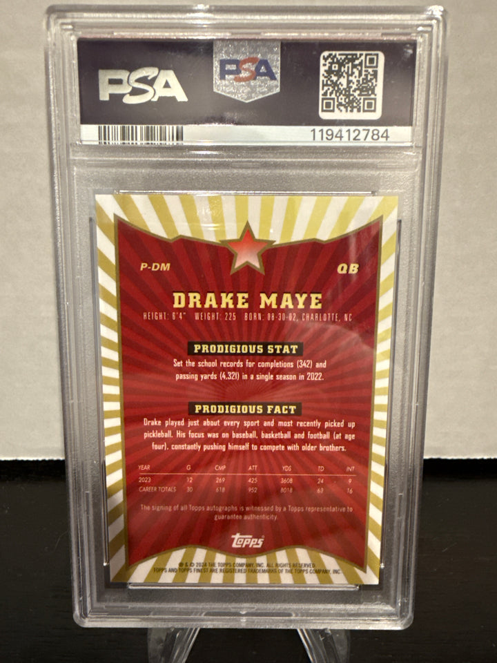 Drake Maye 2024 Topps Finest Prodigies Rookie Auto Red Geometric, 1/5, PSA 9 Mint