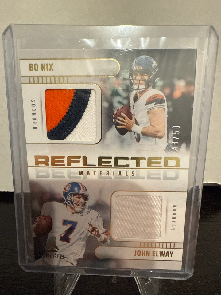 Bo Nix/John Elway 2025 Panini Luminance Reflected Materials Dual Relic, 43/50
