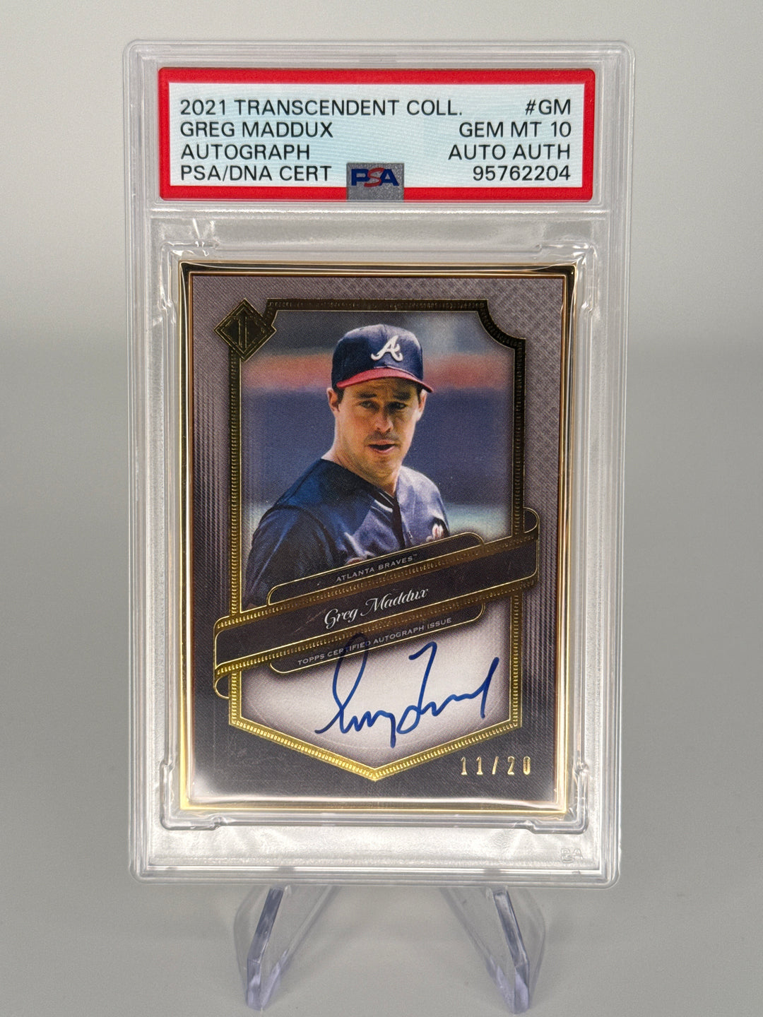 Greg Maddux 2021 Topps Transcendent Gold Frame Auto, 11/20, PSA 10 Gem Mint