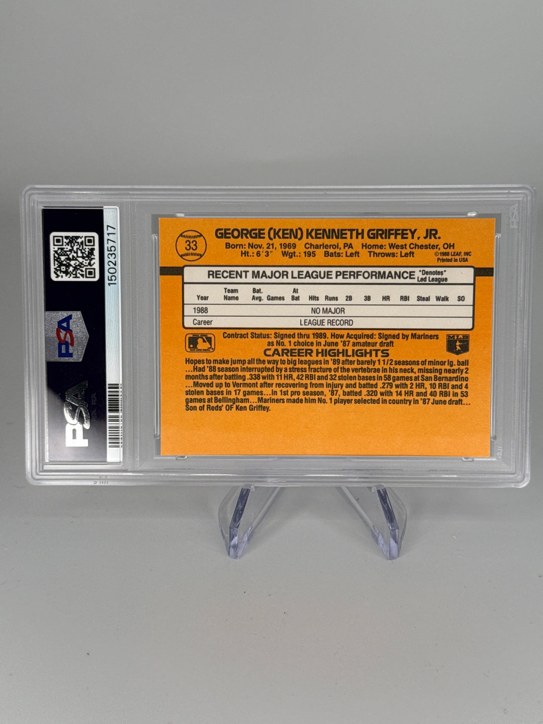 Ken Griffey Jr 1989 Donruss Rated Rookie, PSA 9 Mint