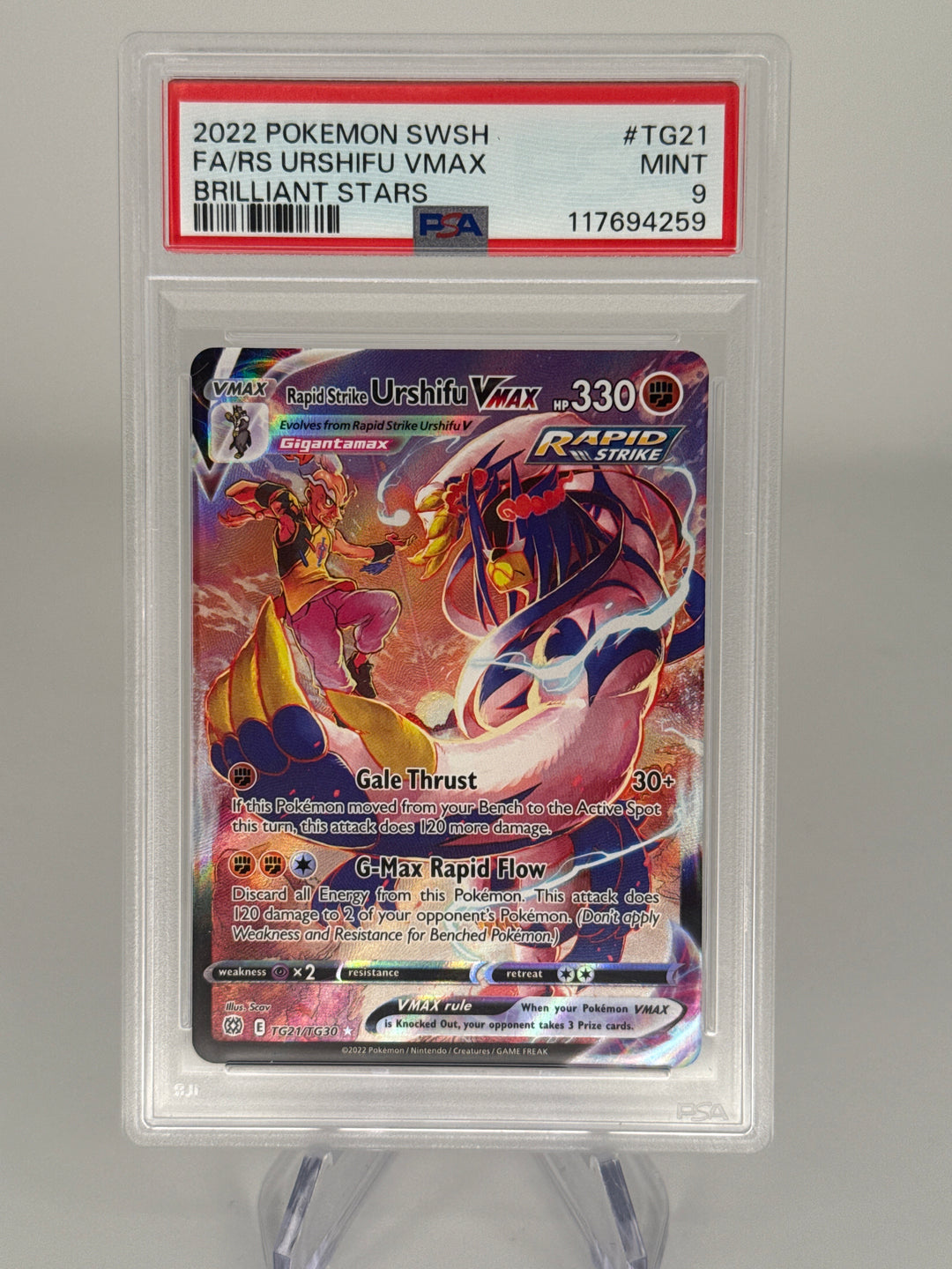 Pokemon TCG 2022 Rapid Strike Urshifu VMax Brilliant Stars Full Art Secret Rare, TG21/TG30, PSA 9 Mint