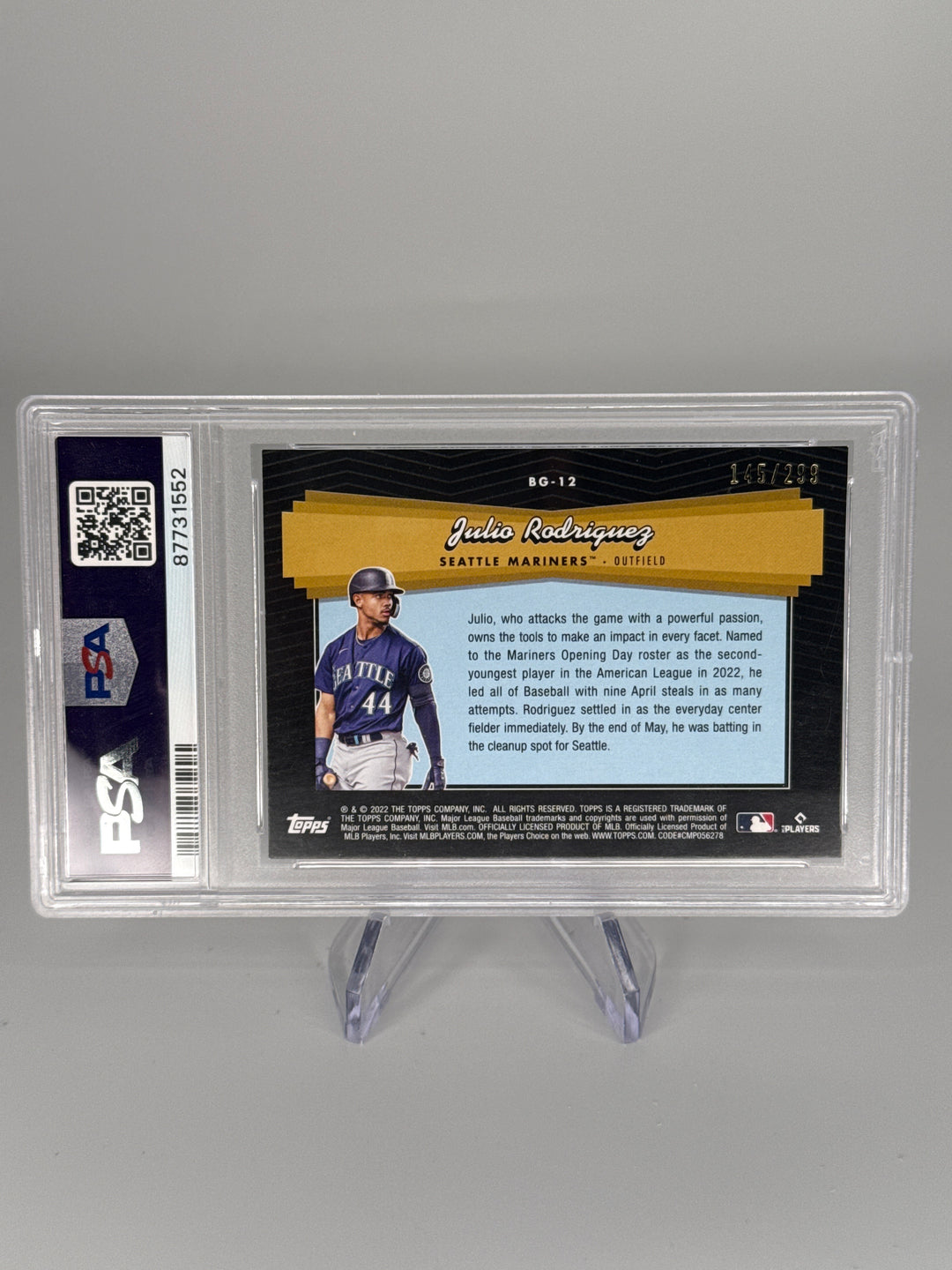 Julio Rodriguez 2022 Topps Update Black Gold Black Rookie, 145/299, PSA 9 Mint