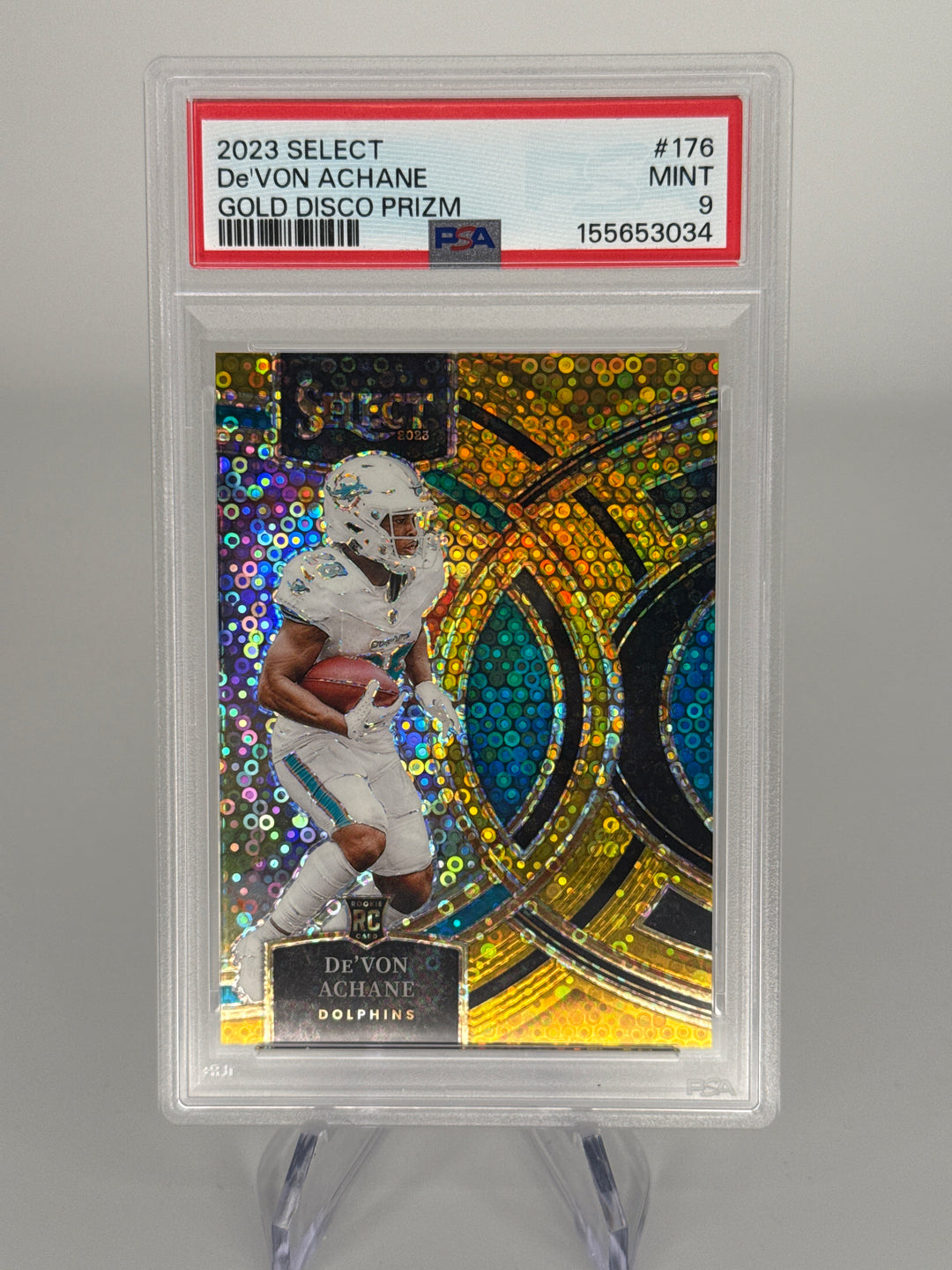 De'von Achane 2023 Panini Select Gold Disco Prizm Rookie, 09/10, PSA 9 Mint