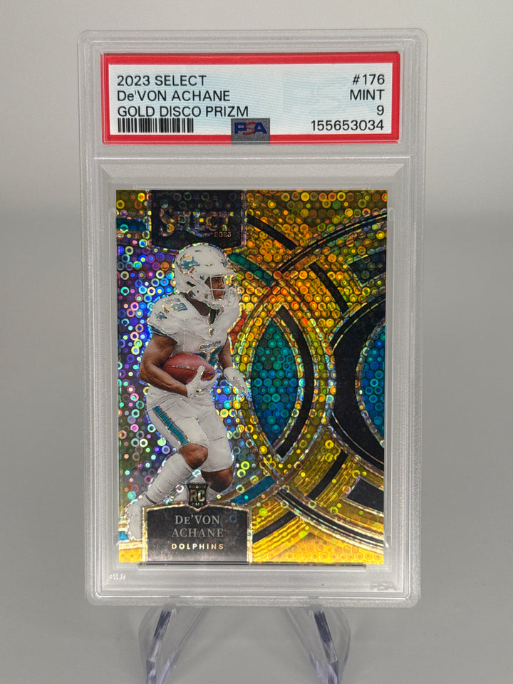 De'von Achane 2023 Panini Select Gold Disco Prizm Rookie, 09/10, PSA 9 Mint