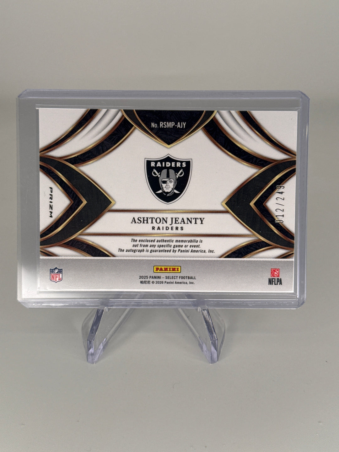 Ashton Jeanty 2025 Panini Select Rookie Patch Auto, 012/249