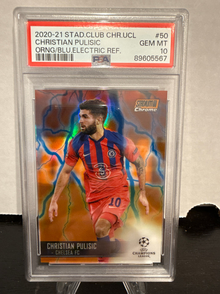 Christian Pulisic 2020-2021 Topps Stadium Club Chrome Champions League Orange/Blue Electric Refractor, 08/10, PSA 10 Gem Mint