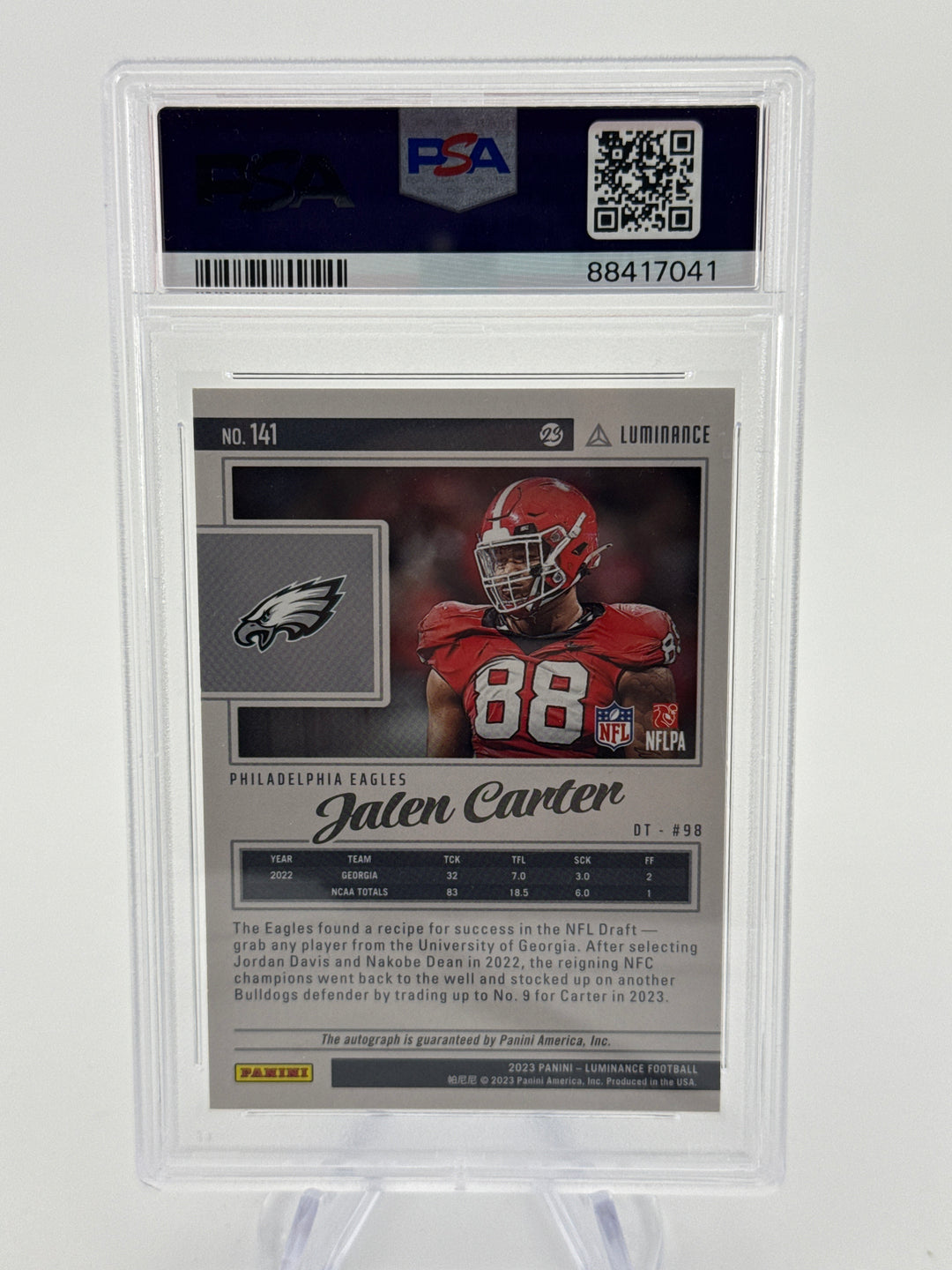 Jalen Carter 2023 Panini Luminance Rookie Auto Blue, 50/50, PSA 10 Gem Mint
