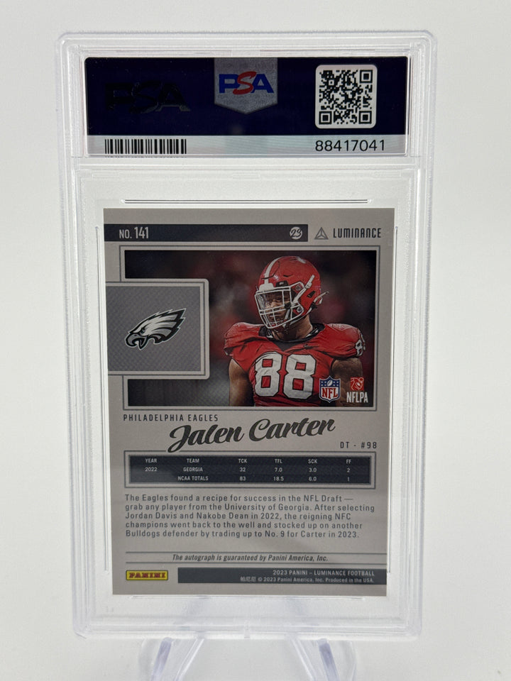 Jalen Carter 2023 Panini Luminance Rookie Auto Blue, 50/50, PSA 10 Gem Mint