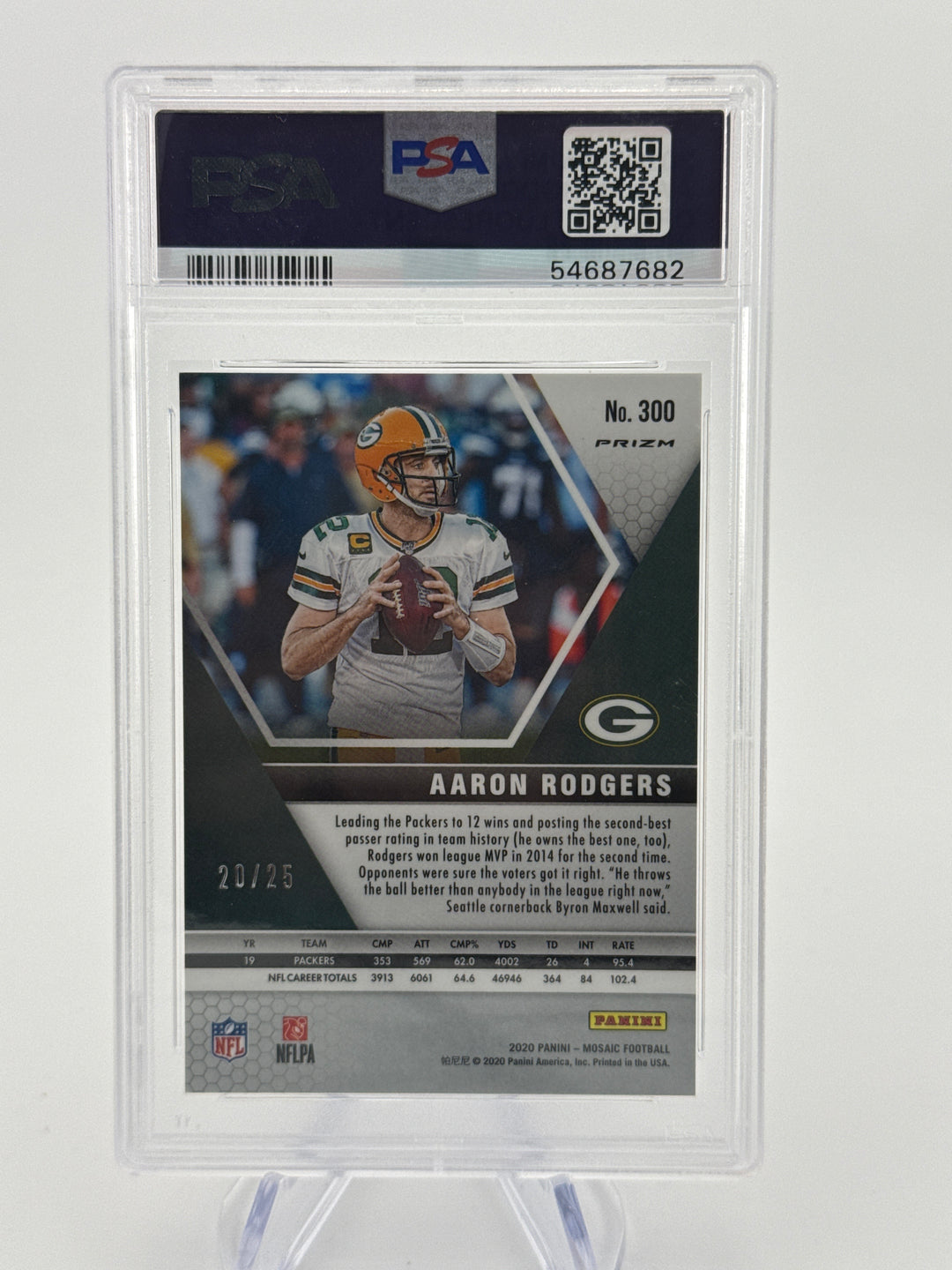 Aaron Rodgers 2020 Panini Mosaic Orange Fluorescent MVP's, 20/25, PSA 10 Gem Mint