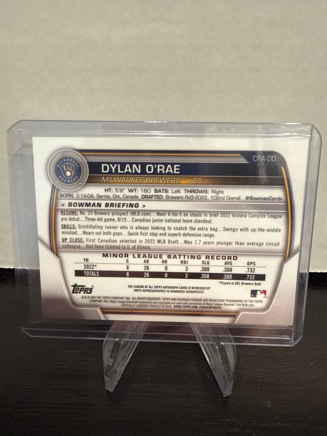 Dylan O'Rae 2023 Bowman Chrome 1st Bowman Gold Refractor Auto, 25/50