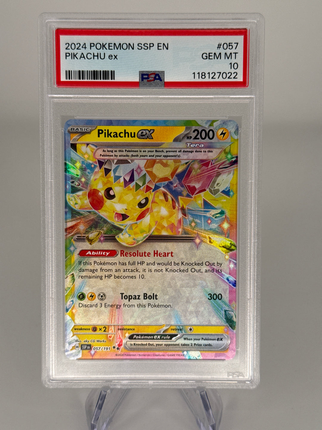 Pokemon TCG 2024 Pikachu EX Surging Sparks Double Rare, 057/191, PSA 10 Gem Mint