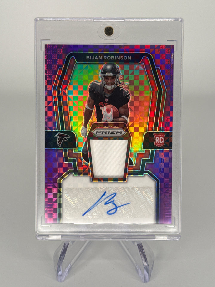 Bijan Robinson 2023 Panini Prizm Purple Pulsar Rookie Patch Auto, 38/49