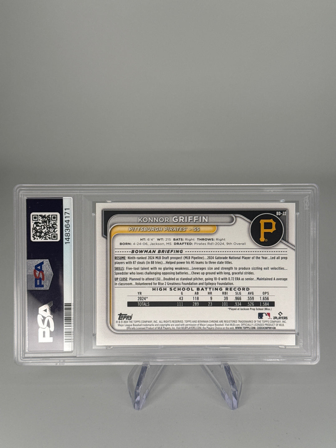 Konnor Griffin 2024 Bowman Draft Paper Prospect 1st, PSA 10 Gem Mint