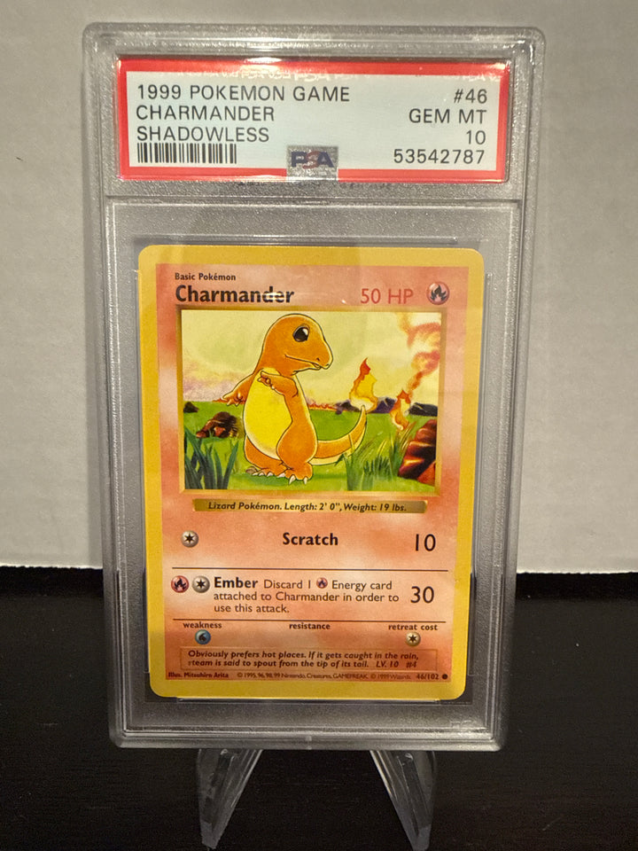 Pokemon TCG 1999 Charmander Base Set Shadowless, 46/102, PSA 10 Gem Mint