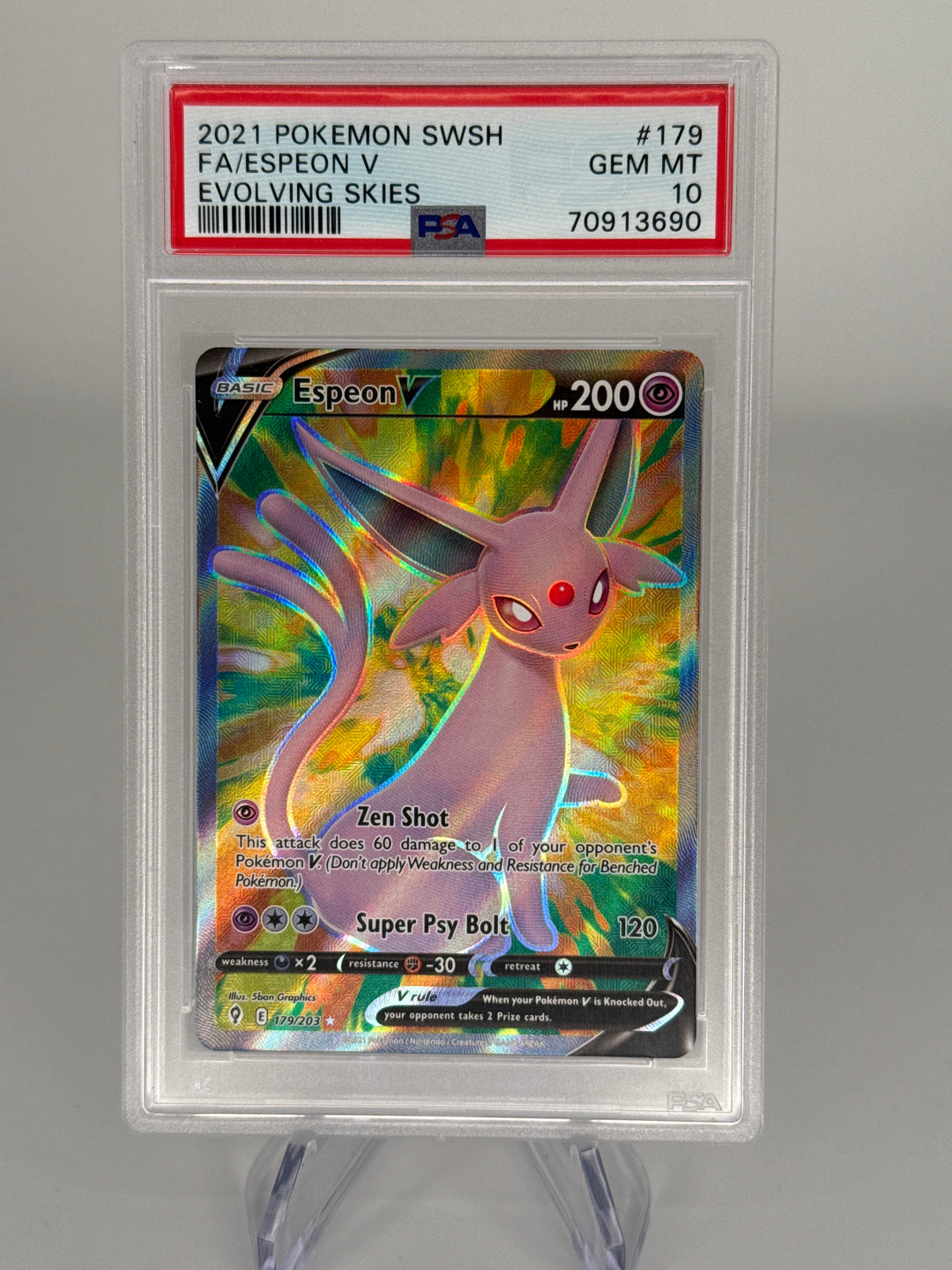 Pokemon TCG 2021 Espeon V Evolving Skies Ultra Rare Full Art, 179/203, PSA 10 Gem Mint