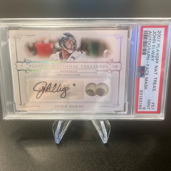 John Elway 2007 Playoff National Treasures Face Mask Signatures, 2/7, PSA 9 Mint