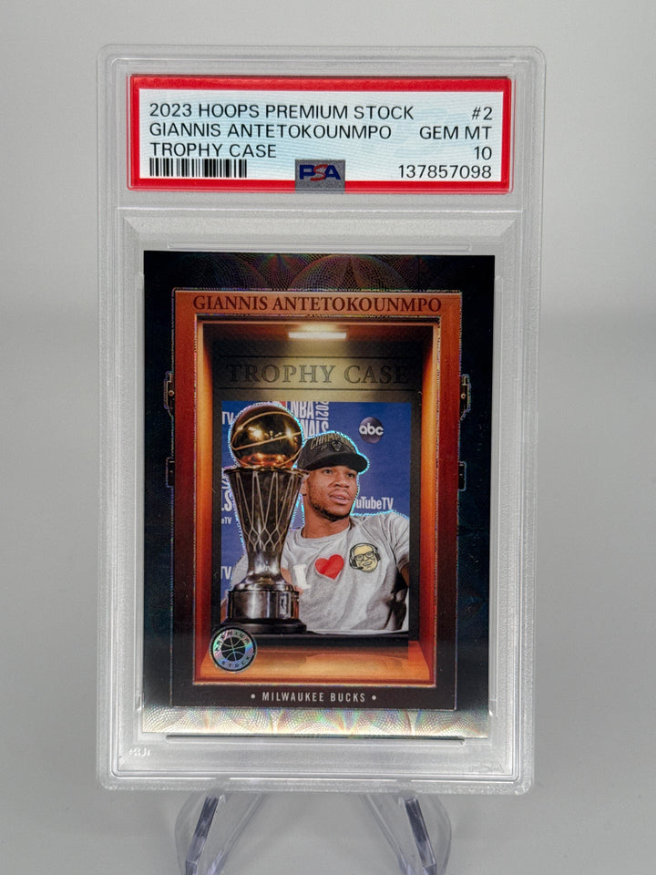 Giannis Antetokounmpo 2023 Panini NBA Hoops Premium Stock Trophy Case SSP Case Hit, PSA 10 Gem Mint