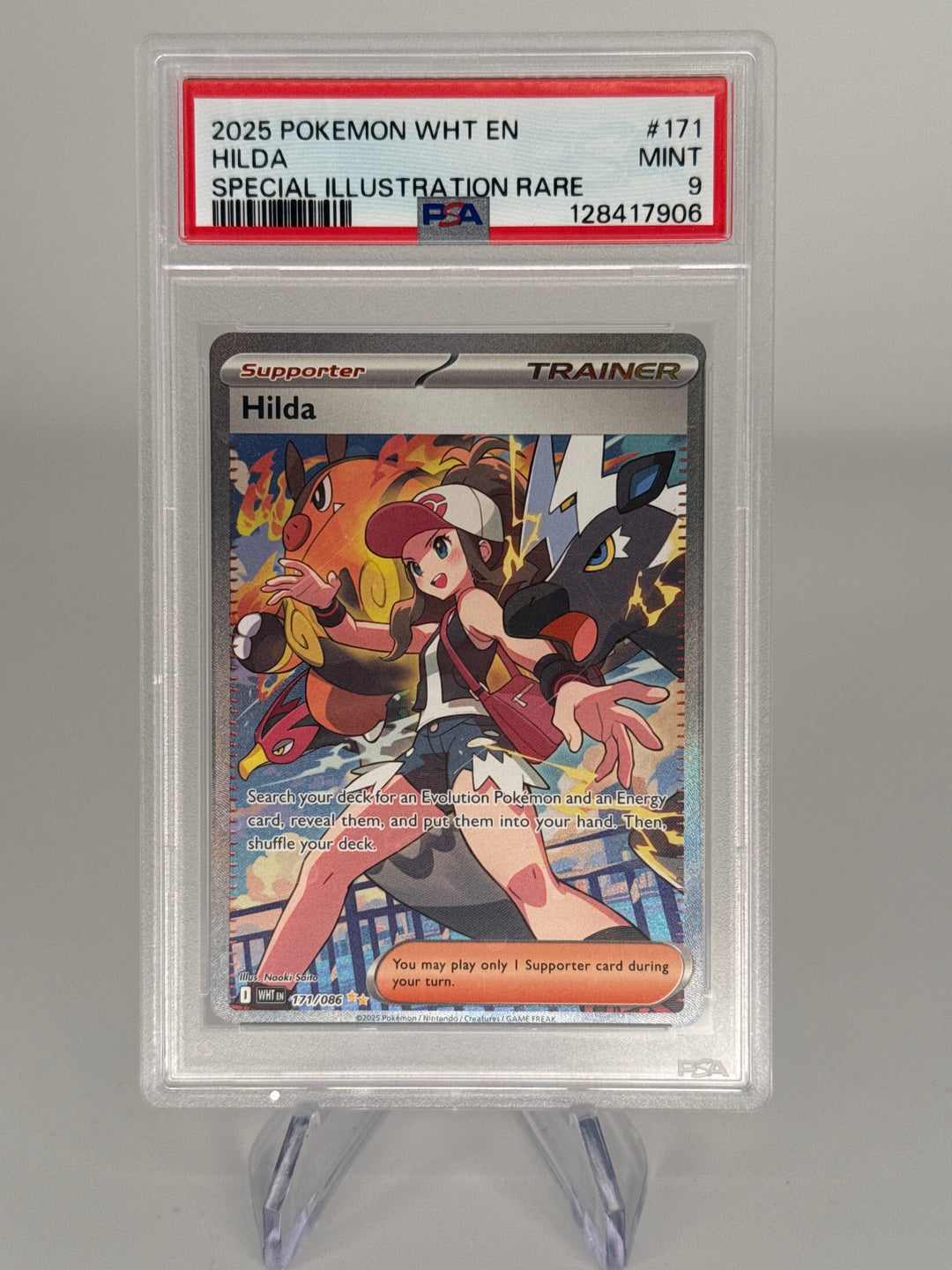 Pokemon TCG 2025 Hilda White Flare Full Art Special Illustration Rare, 171/086, PSA 9 Mint