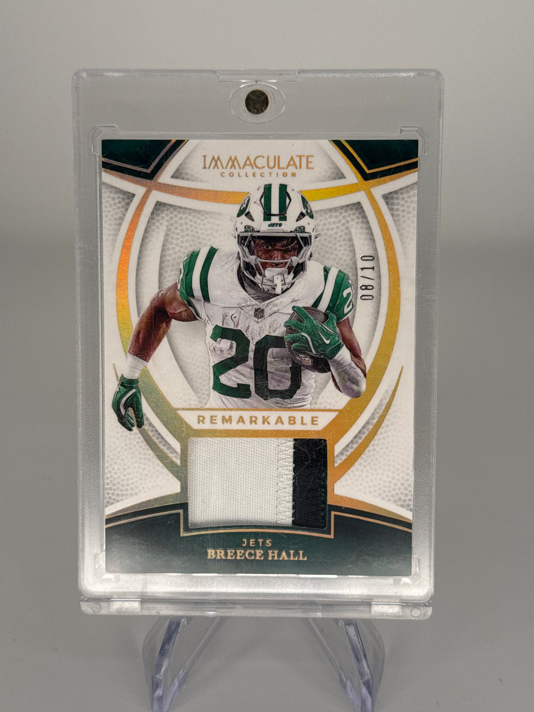 Breece Hall 2025 Panini Immaculate Remarkable Relic Gold, 08/10
