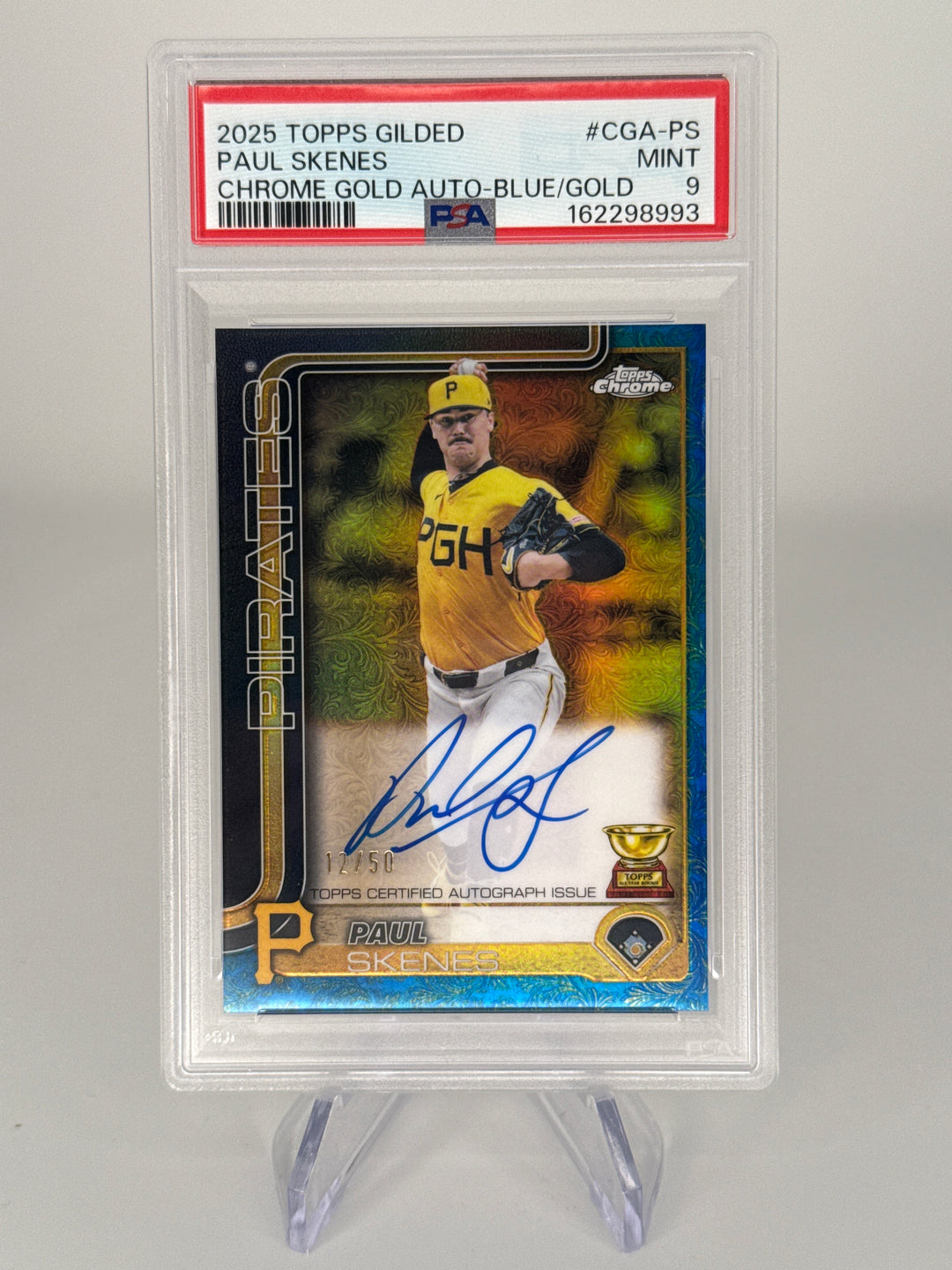 Paul Skenes 2025 Topps Chrome Gilded Collection Blue/Gold Auto, 12/50, PSA 9 Mint