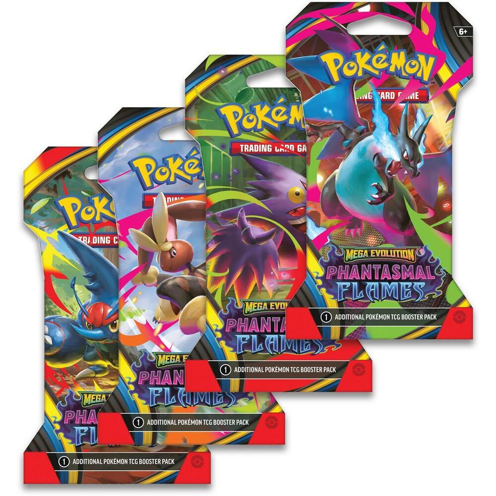 Three Pokemon trading card game booster packs on a white background