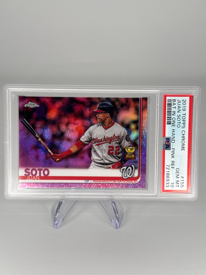 Juan Soto 2019 Topps Chrome Bat In One Hand Pink Refractor Rookie Cup, PSA 10 Gem Mint