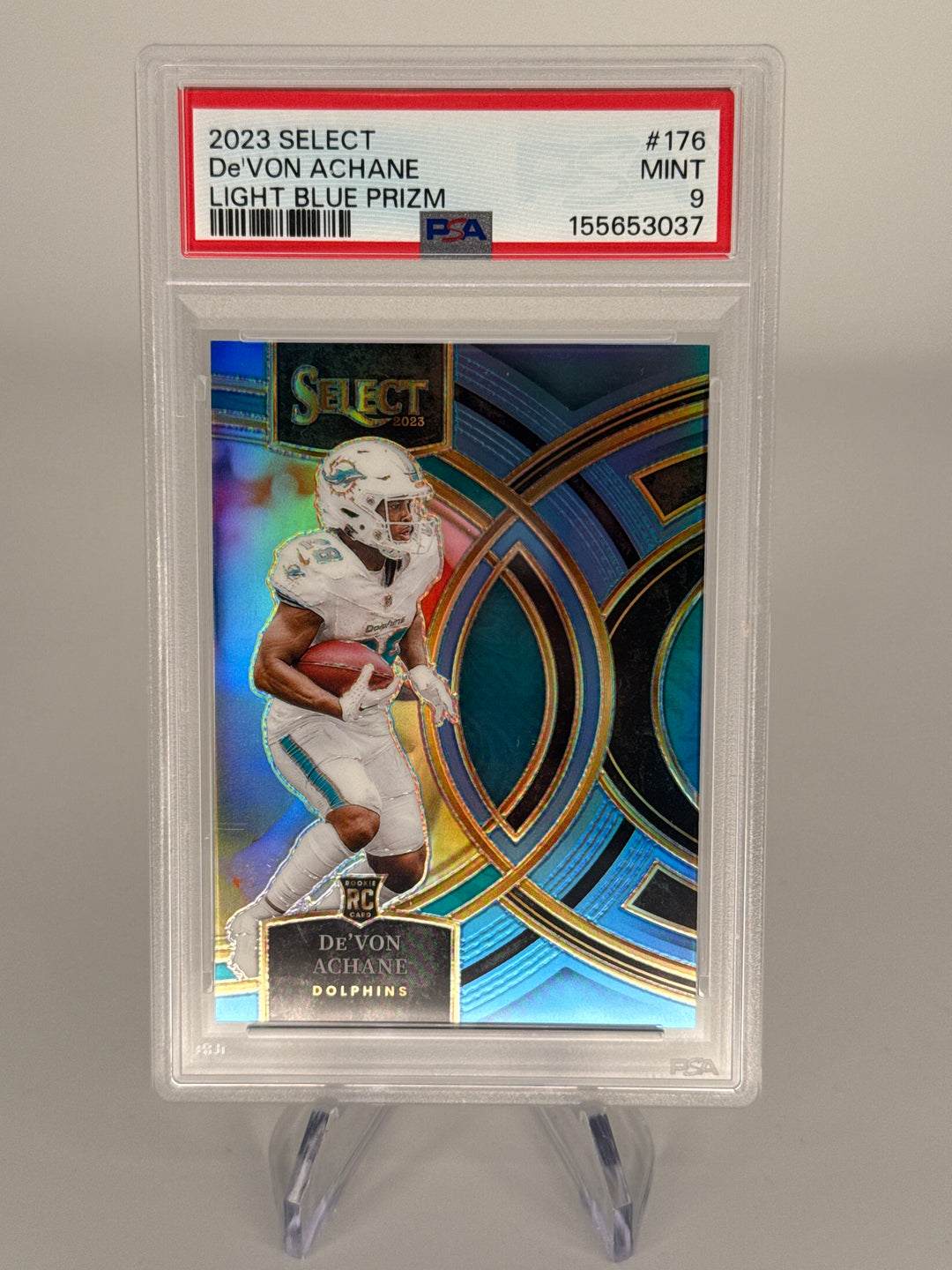 De'von Achane 2023 Panini Select Light Blue Prizm Rookie, 53/99, PSA 9 Mint